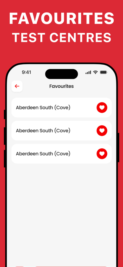 Driving Test NOW - Una pantalla de aplicación móvil que muestra una lista de centros de examen de conducir favoritos guardados con iconos de corazón.