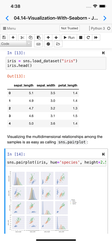 App Carnets che mostra un Notebook Jupyter con una visualizzazione di grafico a coppie di Seaborn