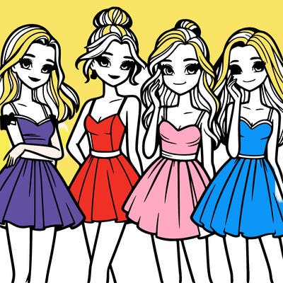 four beautiful teen girls in dresses