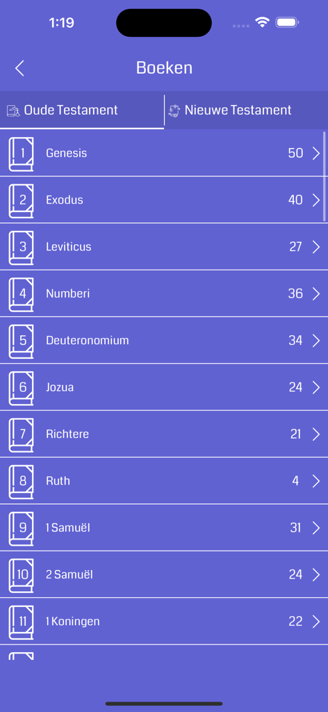 Bijbel offline - Una lista de libros del Antiguo Testamento en la interfaz de la aplicación Biblia en español sin conexión.