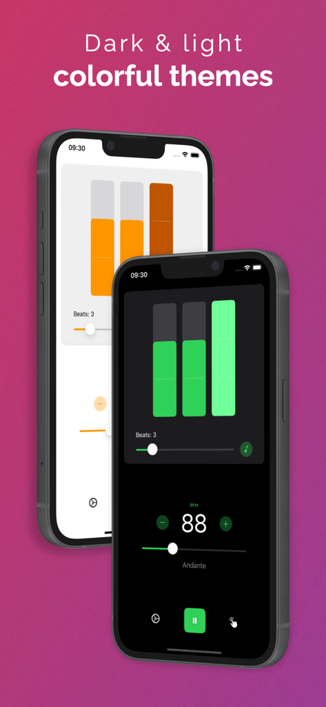 Easy Metronome - Two iPhones showcasing the Easy Metronome app in dark and light themes with customizable beat colors