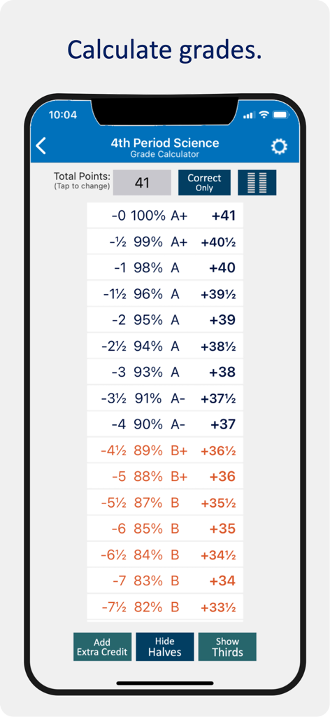 A mobile interface for teachers to calculate student grades and percentages based on total points