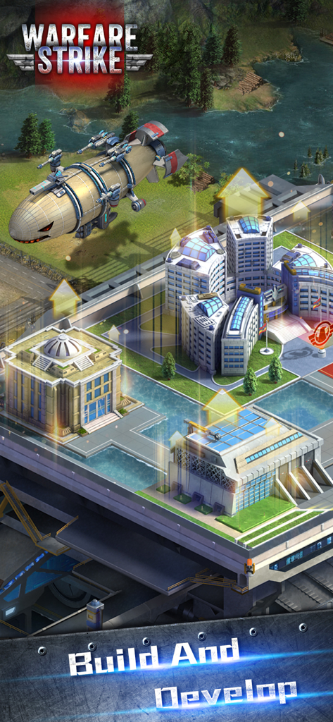 Warfare Strike Global War pantalla de construcción y desarrollo mostrando una base militar y una aeronave armada