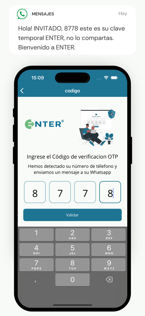 ENTER App - Tela móvel do ENTER App mostrando verificação de OTP e notificação do WhatsApp para acesso seguro à comunidade
