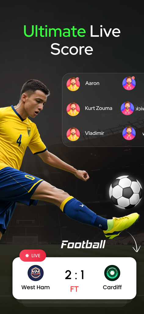 NBA Score, Football Live Score - Mobile app interface showing ultimate live scores for a football match between West Ham and Cardiff