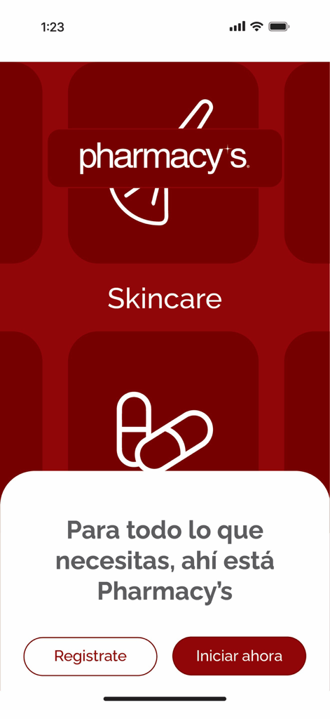 Pharmacy's mobile app welcome screen with skincare and medicine category icons
