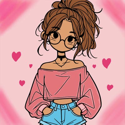 girl with a messy ponytail glasses a baggy crop top and jean shorts