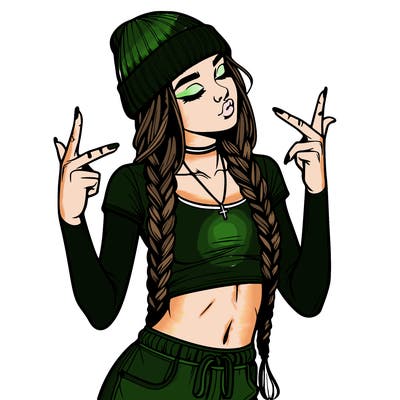 realistic teenage girl with braids and a beanie and crop top doing 🫶🏼