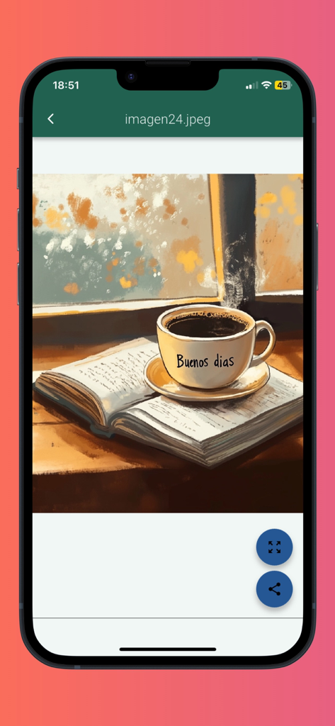 buenos días y buenas noches. - Acogedora ilustración de una taza de café con el texto Buenos días descansando sobre un libro abierto junto a una ventana.