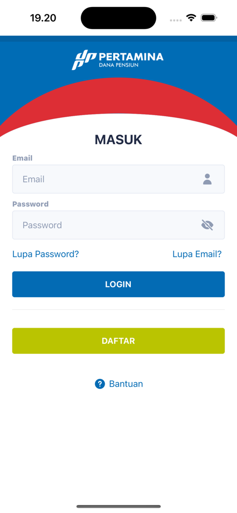 OPéN - Pantalla de inicio de sesión para la aplicación de fondo de pensiones OPEN Pertamina con campos de entrada de correo electrónico y contraseña