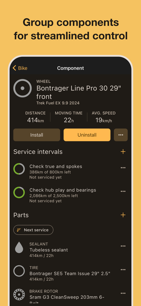 ProBikeGarage: Bicycle tracker - Bicycle maintenance app interface showing service intervals and component tracking for a mountain bike wheel