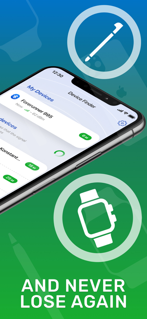 Bluetooth Lost Device Finder app interface on an iPhone showing device tracking and signal strength