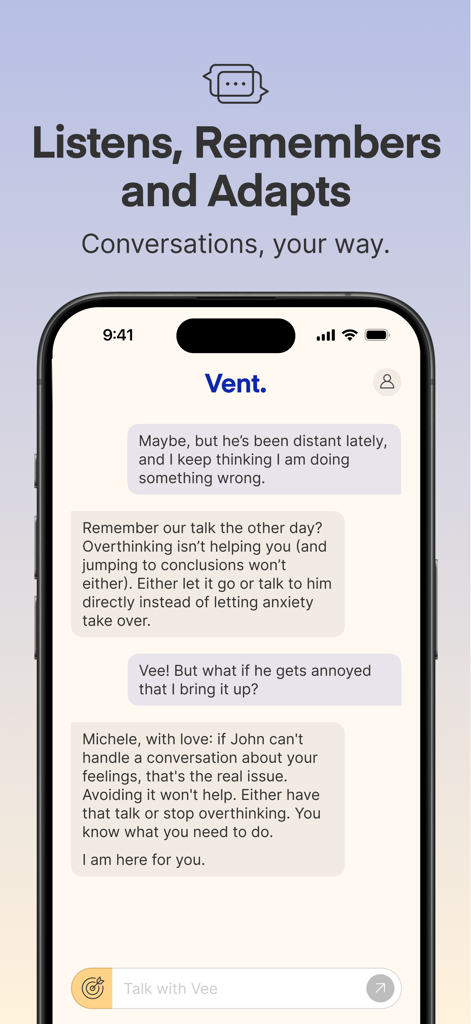 Chat screen of the Vent AI app showing a conversation with the companion Vee