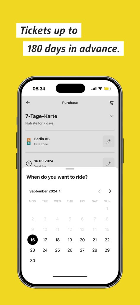 Aplicación BVG Tickets mostrando una interfaz de calendario para comprar billetes de transporte de Berlín con hasta 180 días de antelación