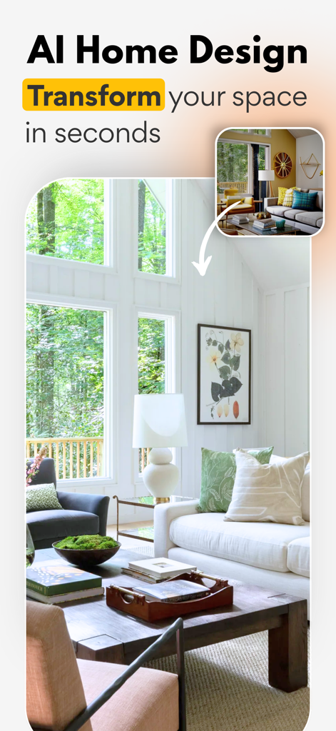 AI Home Design: Interior ARCAI - Captura de tela do aplicativo de design de casas com IA mostrando a transformação de uma sala de estar com móveis modernos e janelas claras