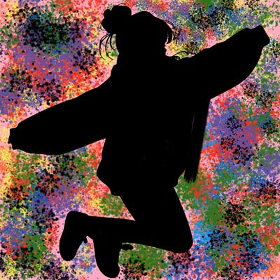 realistic girl jumping with a bun and oversized sweatshirt