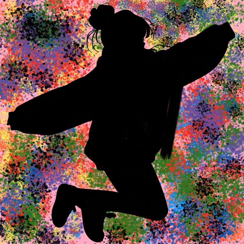 realistic girl jumping with a bun and oversized sweatshirt