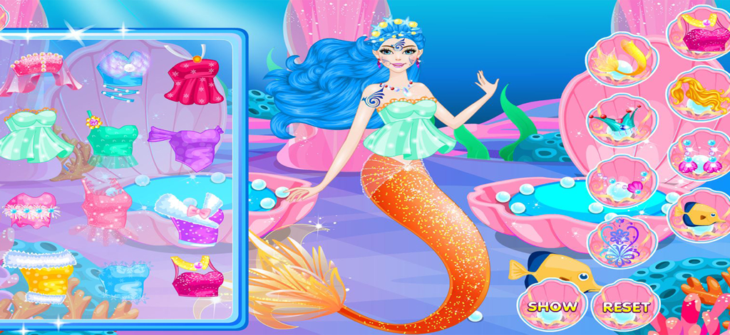 Mermaid Games, Dressing & Hair - A mermaid character being styled with various outfits and accessories in an underwater salon