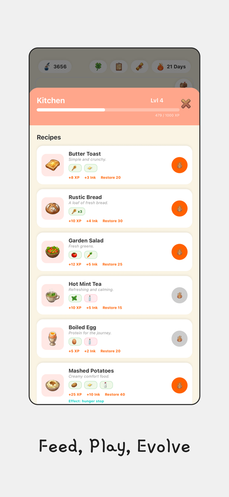 Cooking and recipe interface for virtual pets in the epup gamified reading app