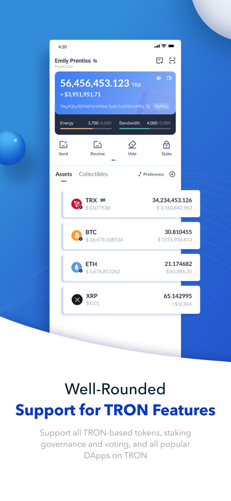 Tronlink: TRX & BTT Wallet - Tronlink app dashboard showing TRX balance and cryptocurrency assets list.