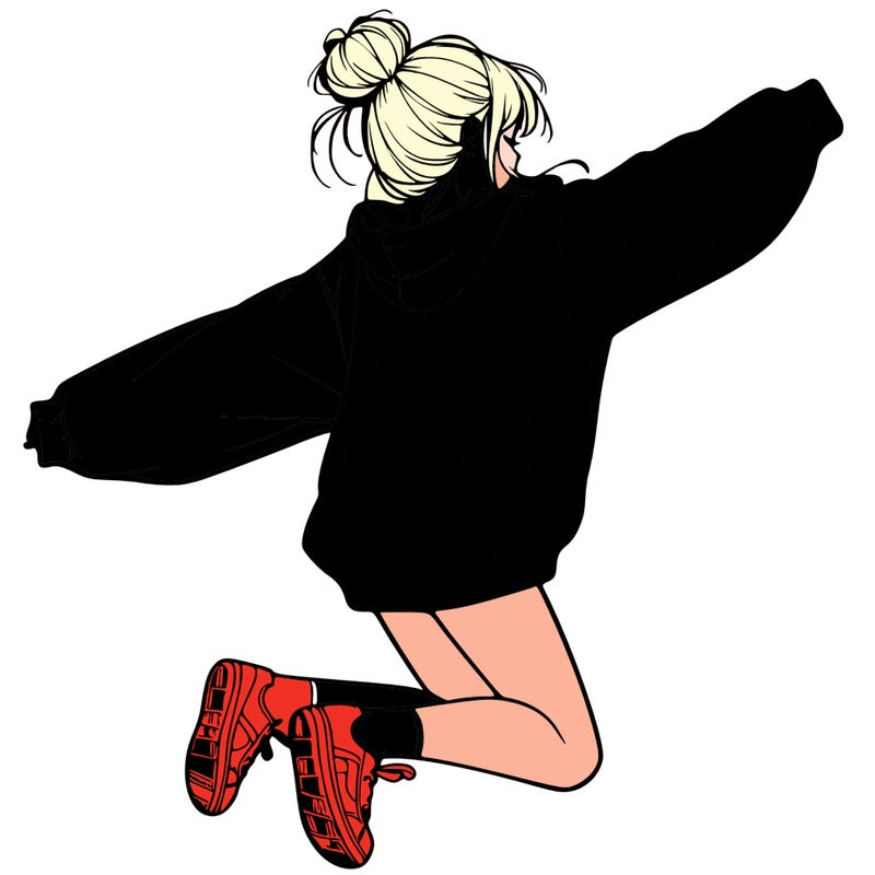 realistic girl jumping with a bun and oversized sweatshirt