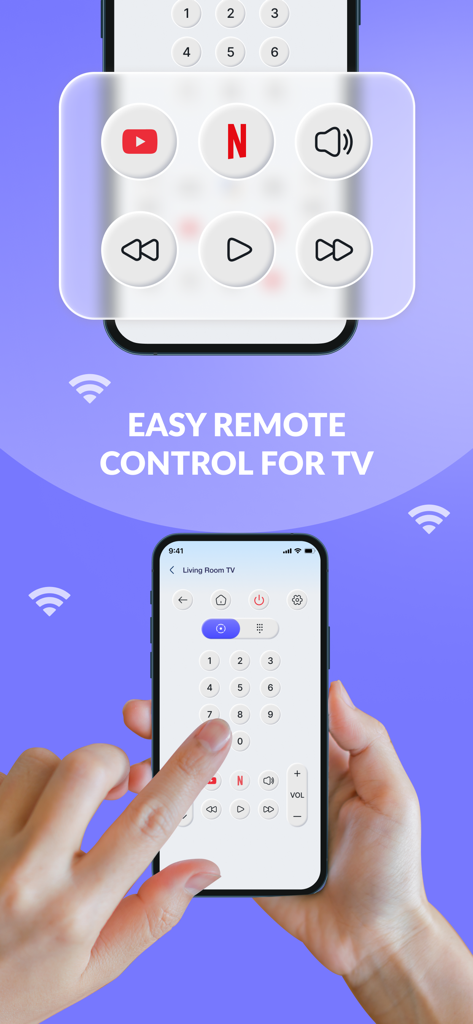 Smart Remote Controller TV - A person using an iPhone to control a smart TV with various remote buttons and shortcuts.