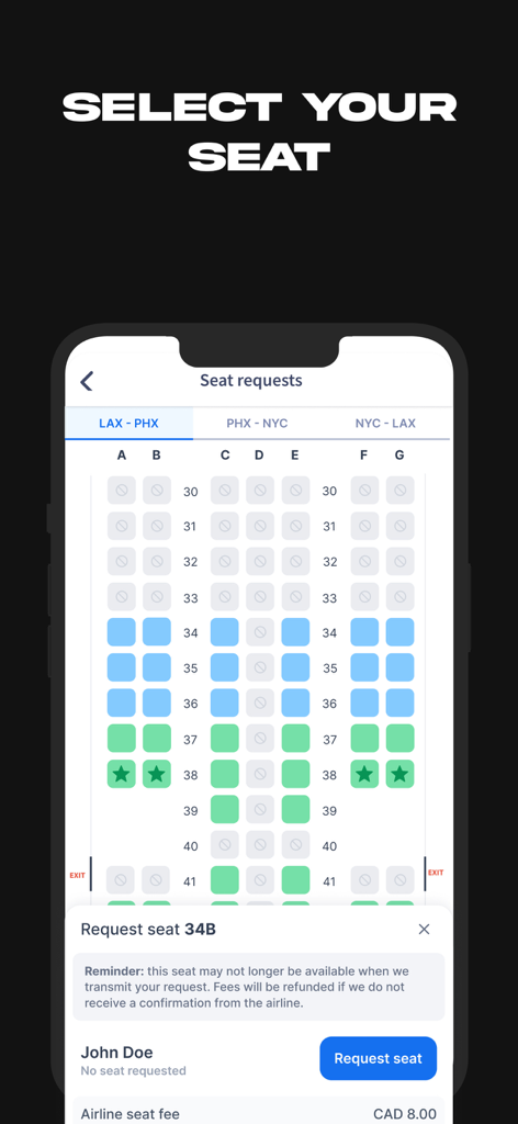 FlightHub - Find Travel Deals - FlightHub mobile app interface showing a plane seat selection map for a flight booking