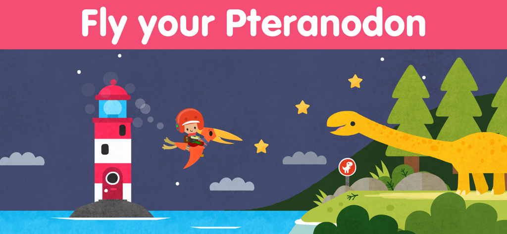 Dinosaur Puzzle Kid Dino Game - Un personaje infantil vuela un pteranodon sobre un faro y un dinosaurio de cuello largo en un juego para preescolares