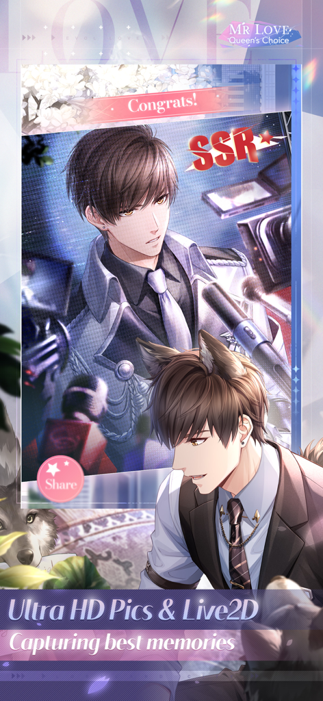 Mr Love: Queen's Choice - Anime characters and an SSR reward card from Mr Love Queen's Choice.