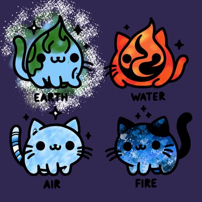 4 cats that represent the different elements, earth, water, air, and fire