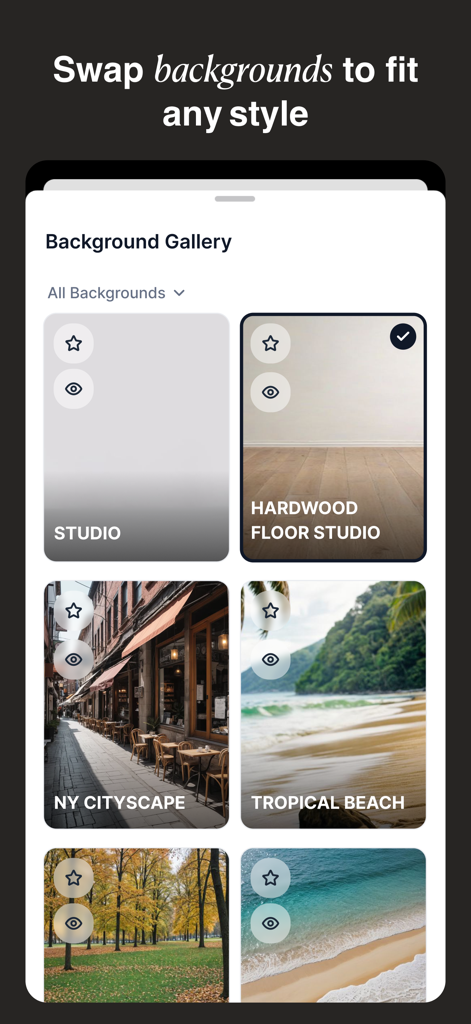 Interface of Botika app showing a background gallery with options like studio NY cityscape and tropical beach to swap fashion backgrounds