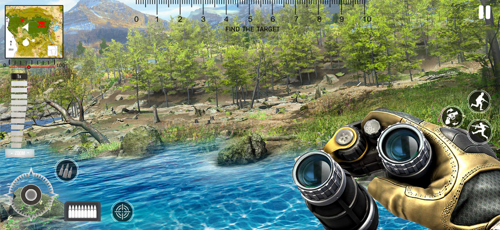 Deer Hunter Hunting Games - Vista en primera persona de un cazador usando binoculares para explorar vida silvestre en un paisaje forestal.