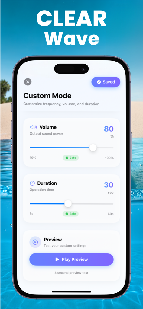 Water Eject Pro - Custom mode interface of the Water Eject Pro app showing adjustable volume and duration settings for speaker cleaning