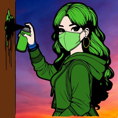 realistic girl with mask spray painting a wall