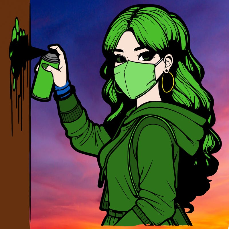 realistic girl with mask spray painting a wall