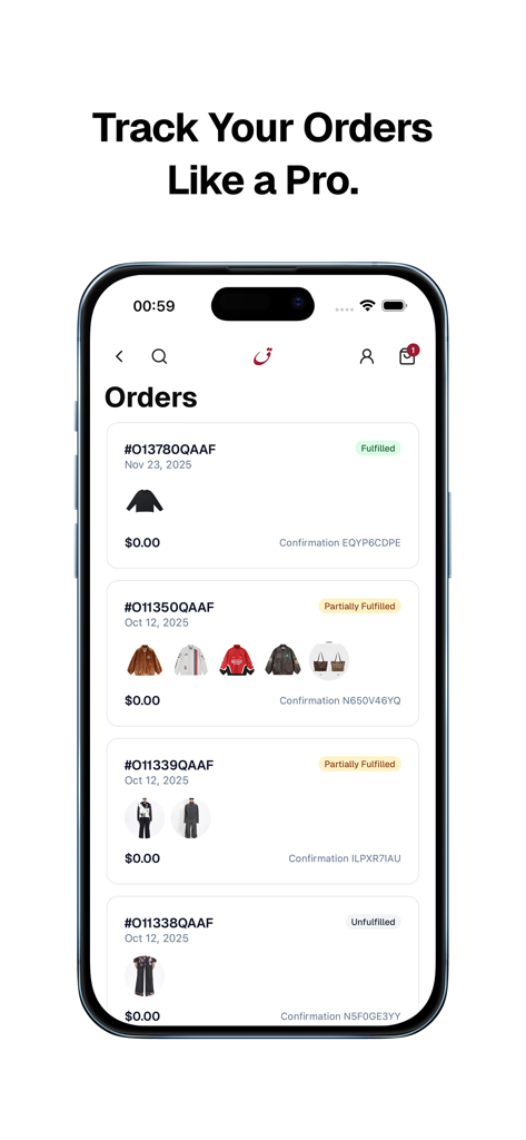 Schermata dell'app mobile OptionQaaf che mostra la cronologia degli ordini e lo stato di tracciamento per la moda streetwear
