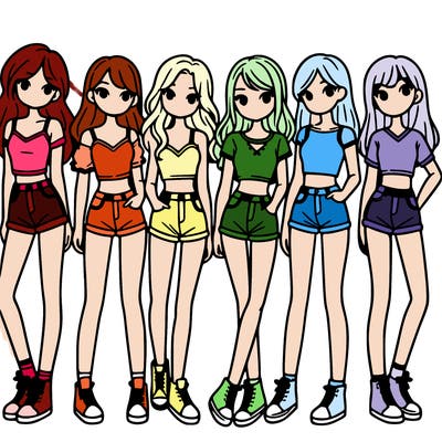 a group of girls wearing crop tops and shorts