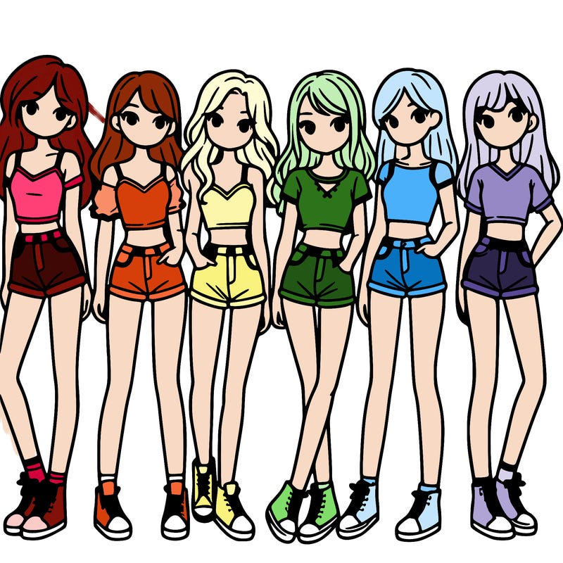 a group of girls wearing crop tops and shorts
