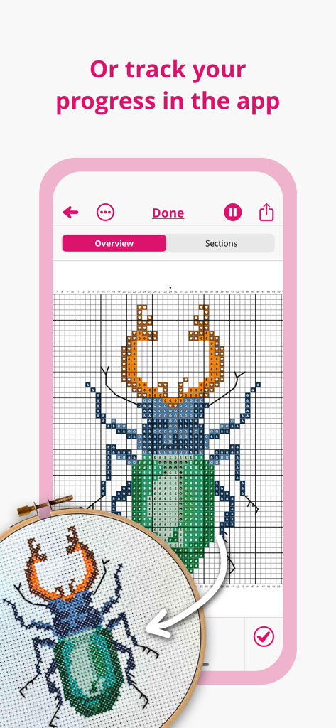 Stitchly app interface showing a beetle cross-stitch pattern being tracked digitally next to a physical embroidery hoop