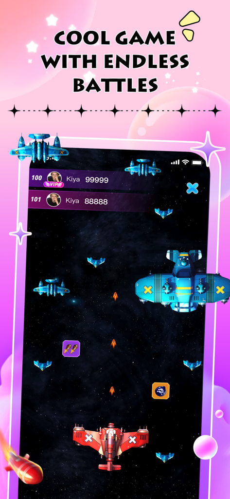 Interface of the Kiya app showing a space shooter mini game with colorful spaceships and a leaderboard.