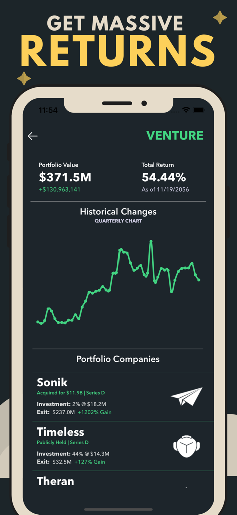 Mobile game interface showing venture capital portfolio value, total returns, and a quarterly growth chart.