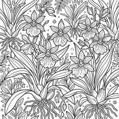Discover the elegance of Zygopetalum Orchids with this beautifully intricate coloring template. Featuring detailed blooms and lush foliage, it offers a captivating botanical escape for colorists of all ages.