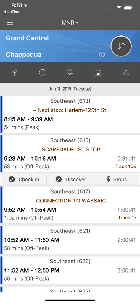 onTime : MNR - MetroNorth Rail - onTime app displaying Metro North train schedule from Grand Central to Chappaqua with track information and countdown timer