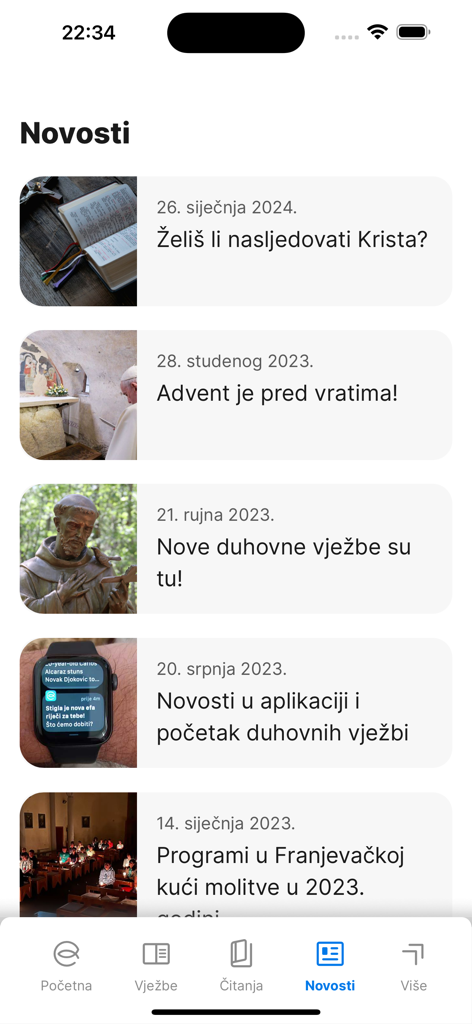 News feed section of the e-Duhovne vjezbe app showing spiritual updates and religious articles