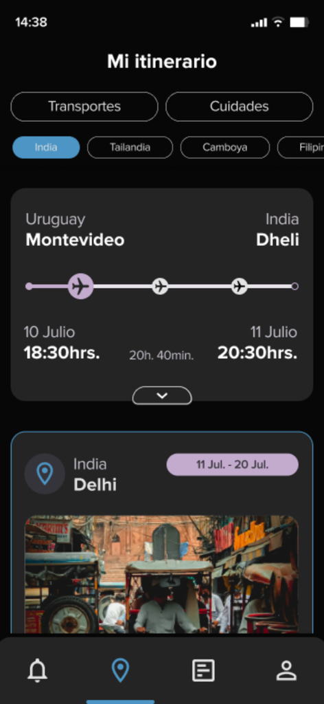 T&T - T&T app interface showing a travel itinerary with flight details from Montevideo to Delhi and a destination preview