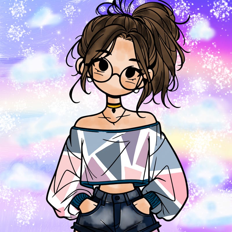 girl with a messy ponytail glasses a baggy crop top and jean shorts