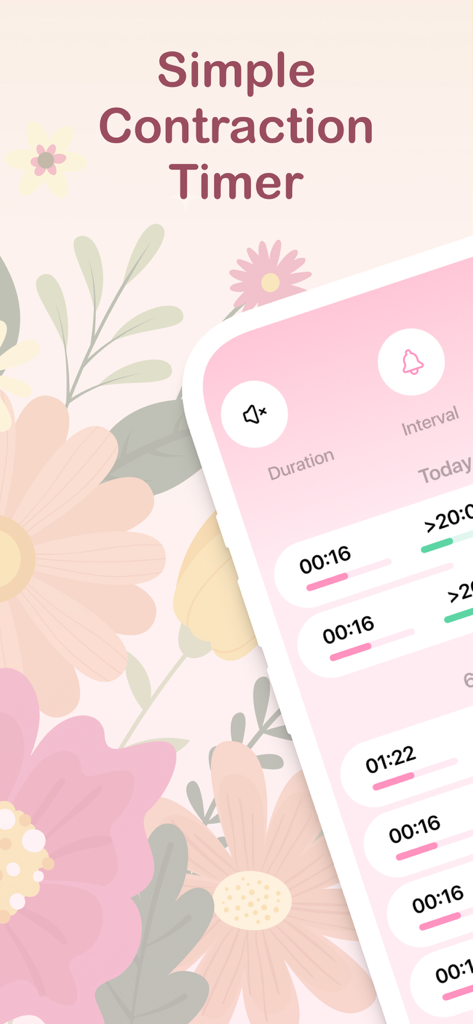 Simple Contraction Timer app interface with a floral background showing labor duration logs