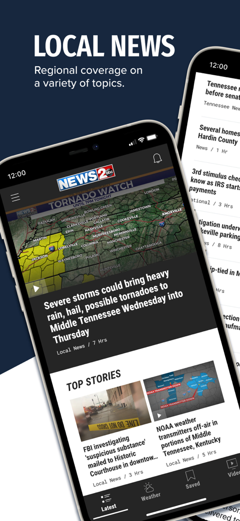 WKRN – Nashville’s News 2 - Interfaccia dell'app di notizie locali WKRN Nashville 2 che mostra titoli di notizie locali e una mappa di allerta tornado per condizioni meteo avverse