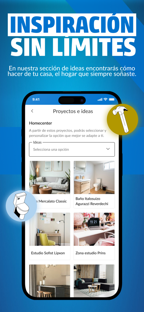 Homecenter app screen displaying interior design ideas and home renovation projects