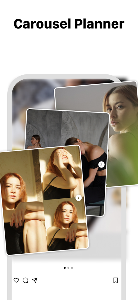 Feed Preview: Ig Grid Layout - 複数の重なり合った写真でInstagramのカルーセル投稿プランナーを示すモバイルアプリインターフェイス。